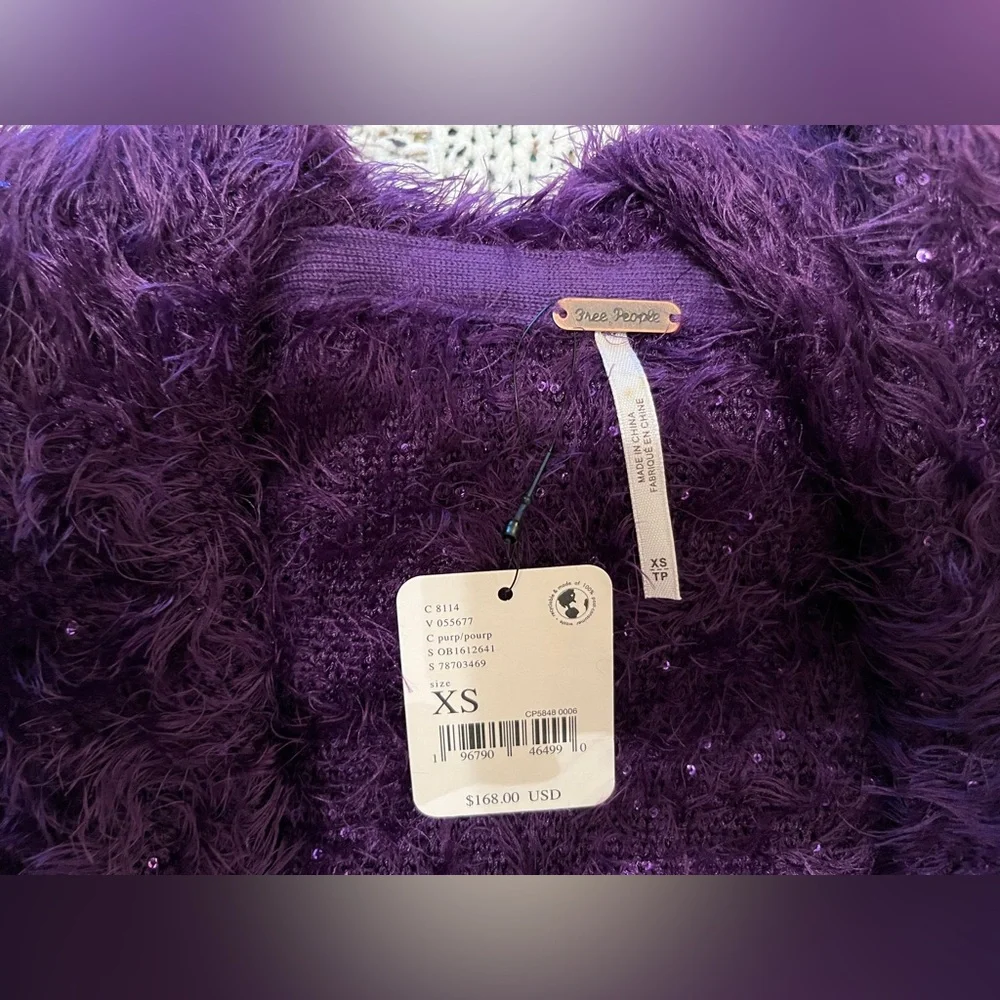 Free People Mina Cardigan Eyelash Knit Cropped Sweater in Purple, Size XS, NWT